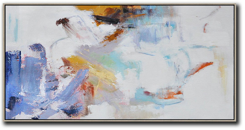 Original Artwork Extra Large Abstract Painting,Horizontal Abstract Art On Canvas,Large Abstract Wall Art White,Blue,Grey,Earthy Yellow